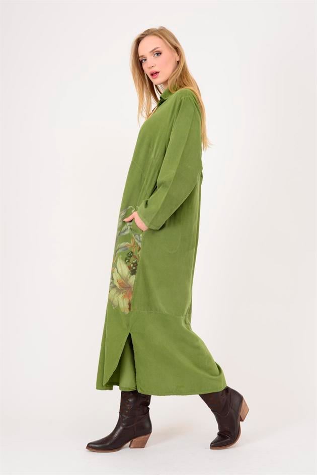 10974 LOVA ÇİÇEK DESEN FİTİLLİ KADİFE GÖMLEK ELBİSE