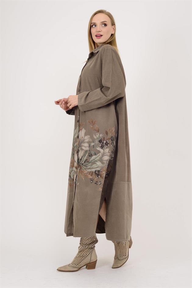 10974 LOVA ÇİÇEK DESEN FİTİLLİ KADİFE GÖMLEK ELBİSE