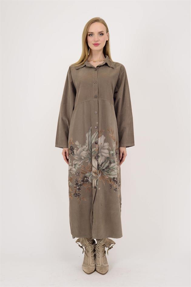 10974 LOVA ÇİÇEK DESEN FİTİLLİ KADİFE GÖMLEK ELBİSE