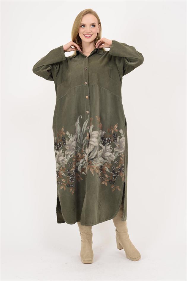 10974 LOVA ÇİÇEK DESEN FİTİLLİ KADİFE GÖMLEK ELBİSE