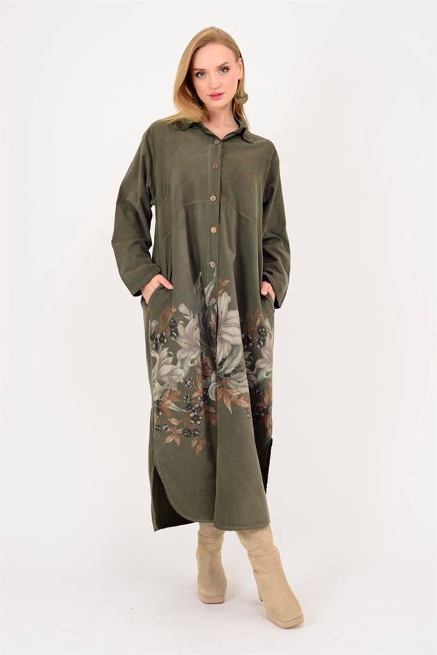 10974 LOVA ÇİÇEK DESEN FİTİLLİ KADİFE GÖMLEK ELBİSE