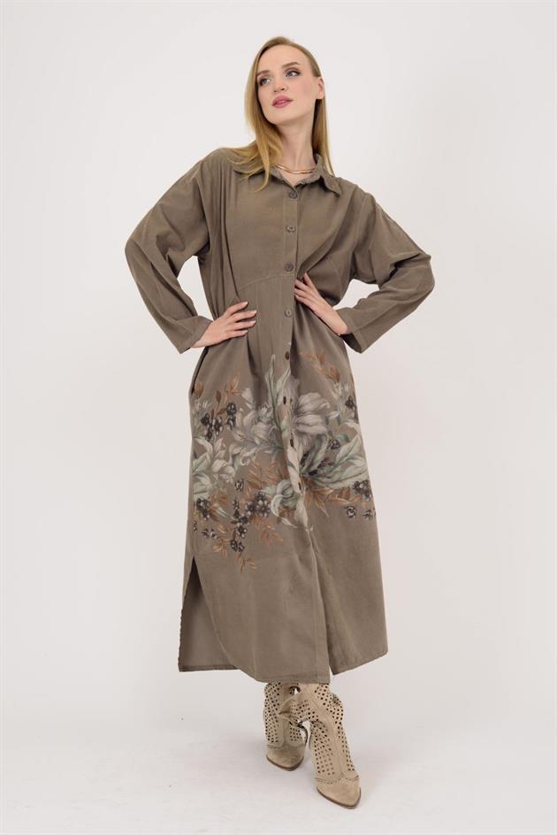 10974 LOVA ÇİÇEK DESEN FİTİLLİ KADİFE GÖMLEK ELBİSE