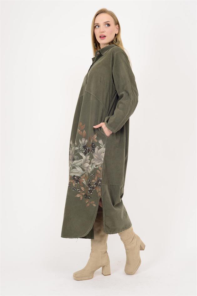 10974 LOVA ÇİÇEK DESEN FİTİLLİ KADİFE GÖMLEK ELBİSE