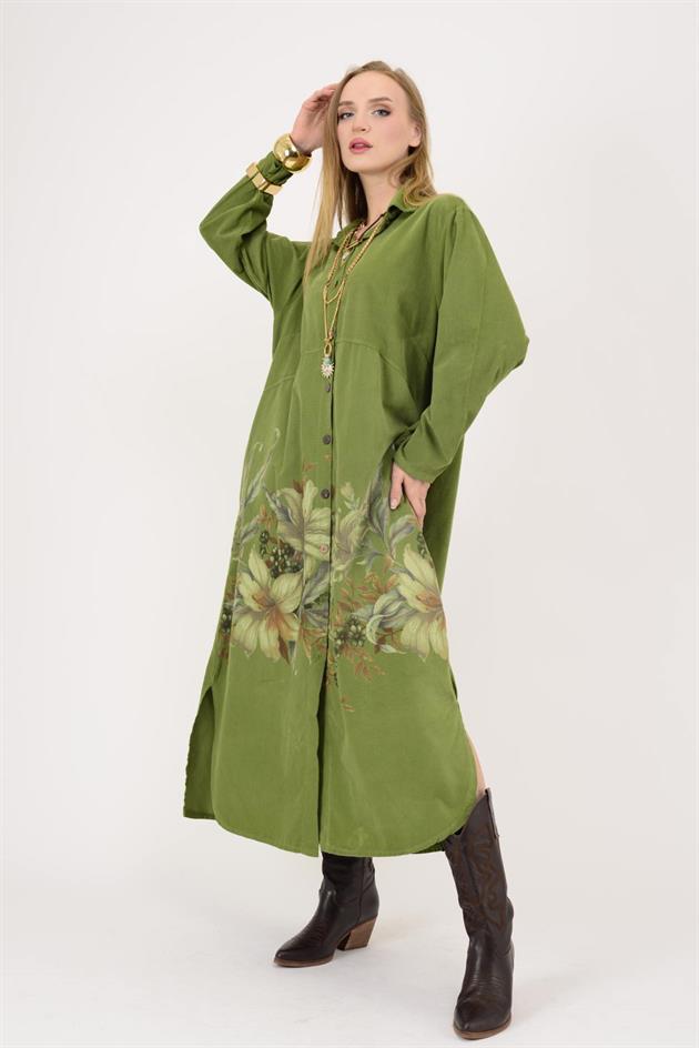 10974 LOVA ÇİÇEK DESEN FİTİLLİ KADİFE GÖMLEK ELBİSE