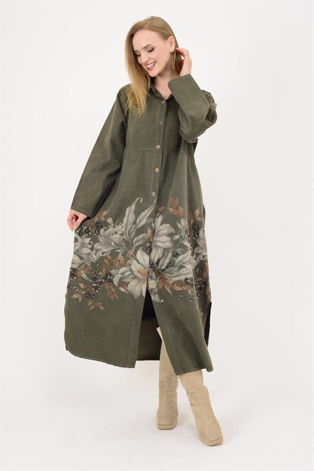 10974 LOVA ÇİÇEK DESEN FİTİLLİ KADİFE GÖMLEK ELBİSE