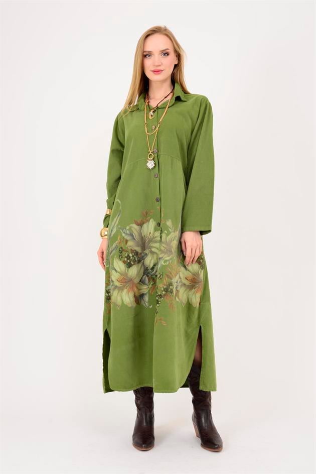 10974 LOVA ÇİÇEK DESEN FİTİLLİ KADİFE GÖMLEK ELBİSE