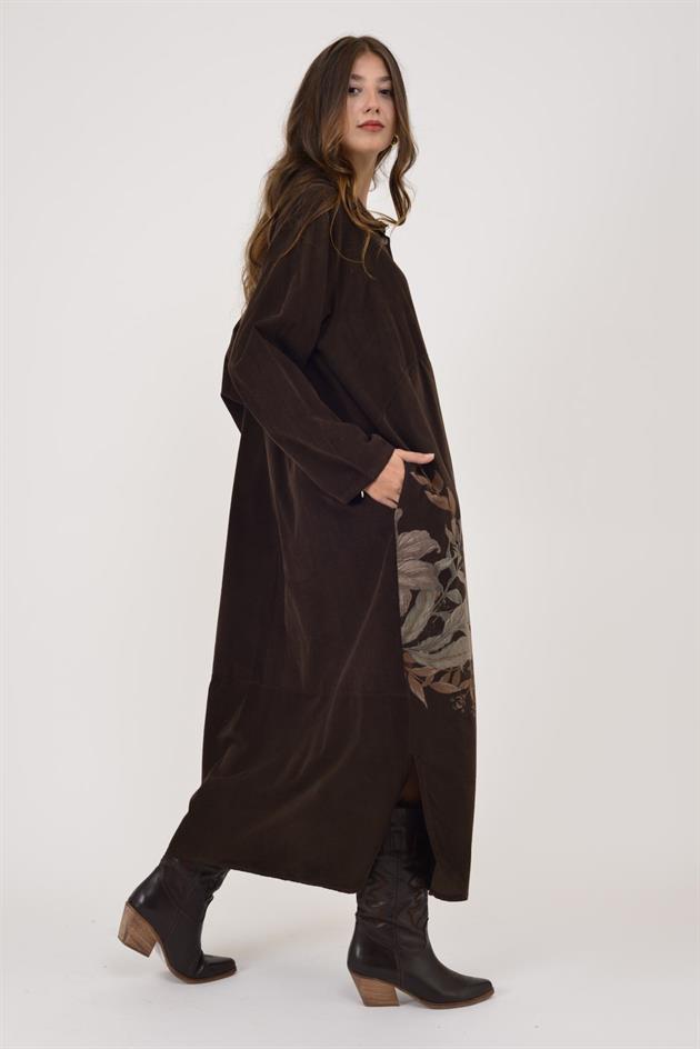 10974 LOVA ÇİÇEK DESEN FİTİLLİ KADİFE GÖMLEK ELBİSE