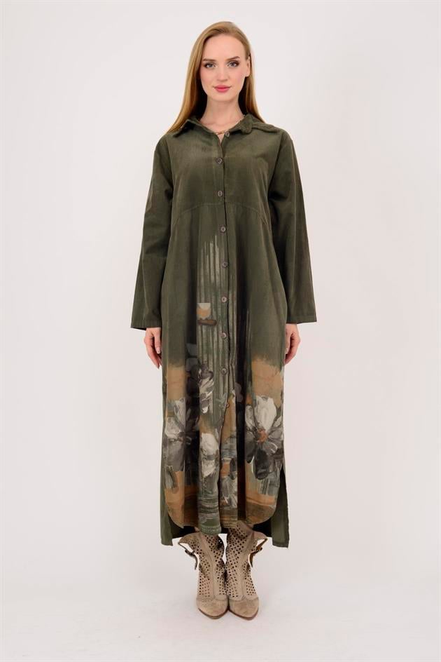 10974 LOVA ÇİÇEK DESENLİ FİTİLLİ GÖMLEK ELBİSE