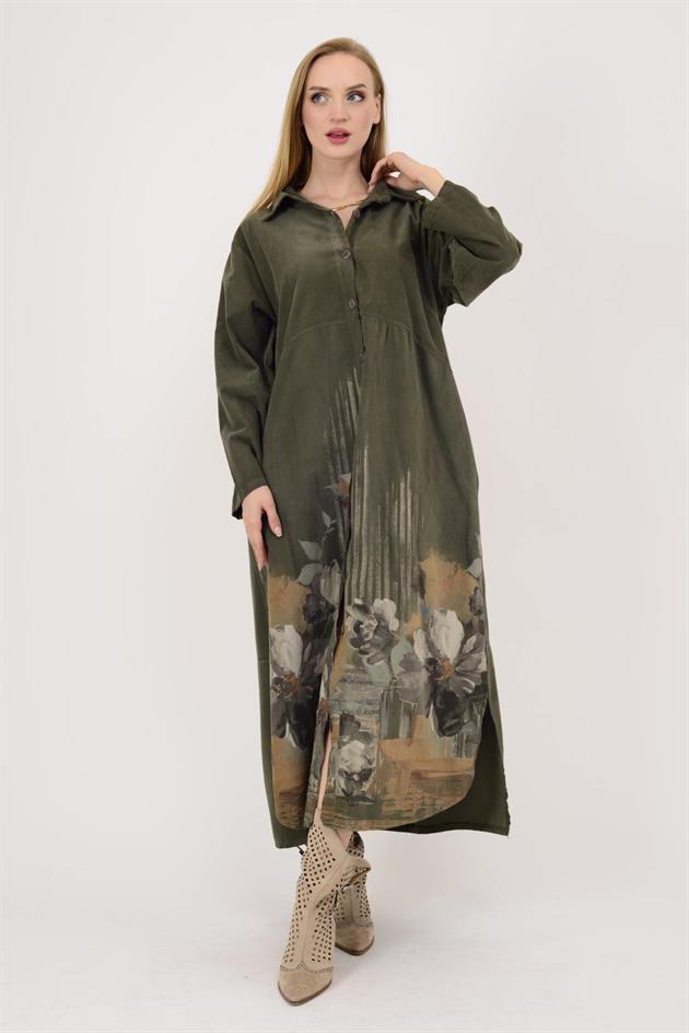 10974 LOVA ÇİÇEK DESENLİ FİTİLLİ GÖMLEK ELBİSE