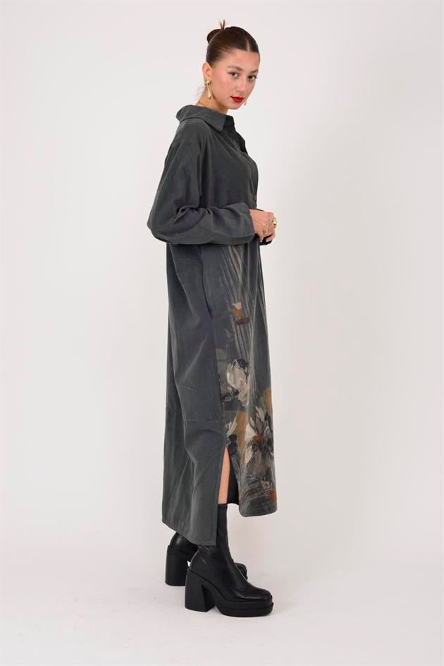 10974 LOVA ÇİÇEK DESENLİ FİTİLLİ GÖMLEK ELBİSE