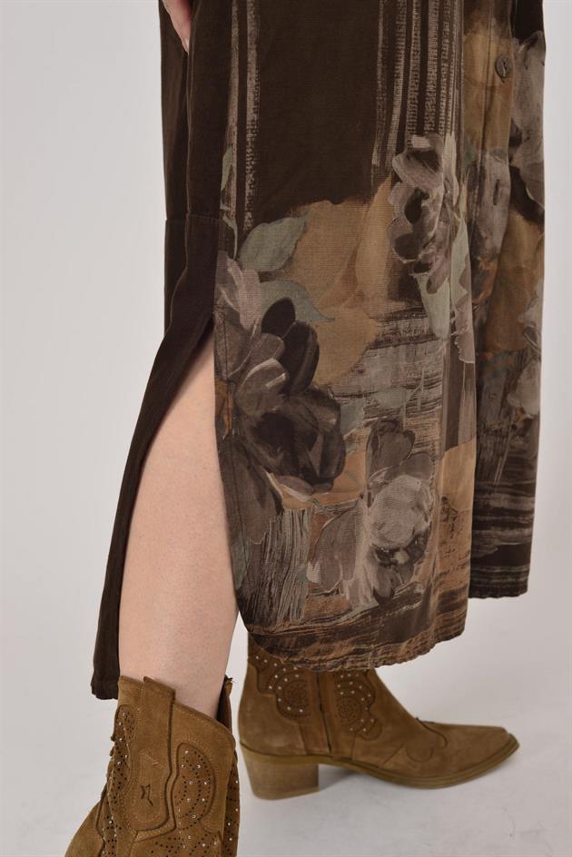 10974 LOVA ÇİÇEK DESENLİ FİTİLLİ GÖMLEK ELBİSE