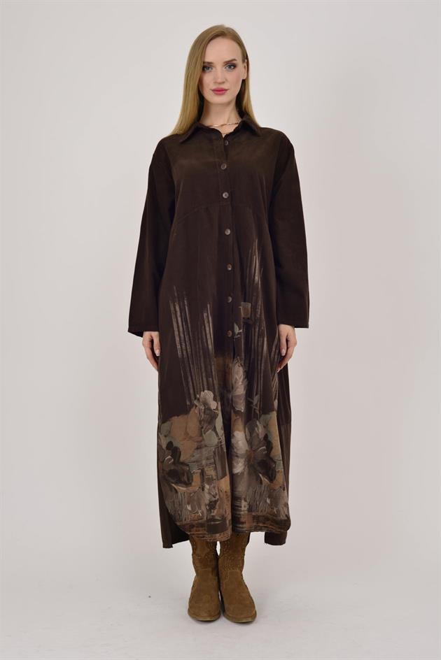 10974 LOVA ÇİÇEK DESENLİ FİTİLLİ GÖMLEK ELBİSE