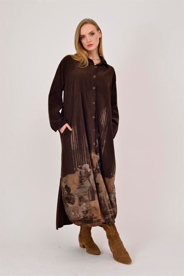 10974 LOVA ÇİÇEK DESENLİ FİTİLLİ GÖMLEK ELBİSE