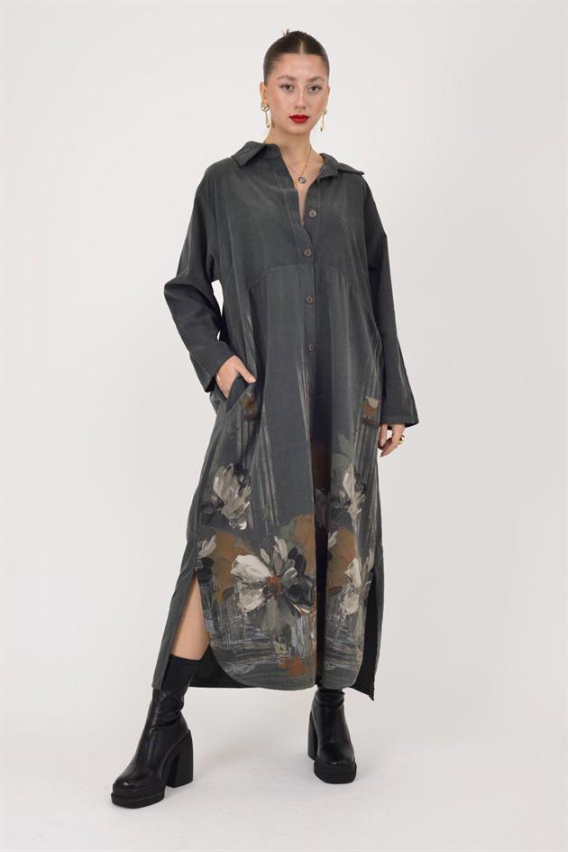 10974 LOVA ÇİÇEK DESENLİ FİTİLLİ GÖMLEK ELBİSE