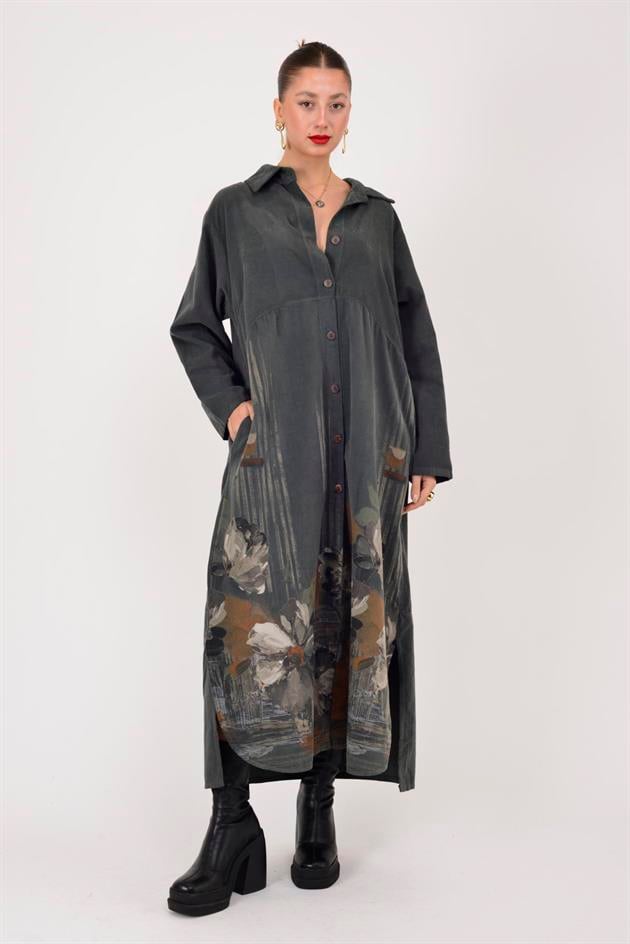 10974 LOVA ÇİÇEK DESENLİ FİTİLLİ GÖMLEK ELBİSE