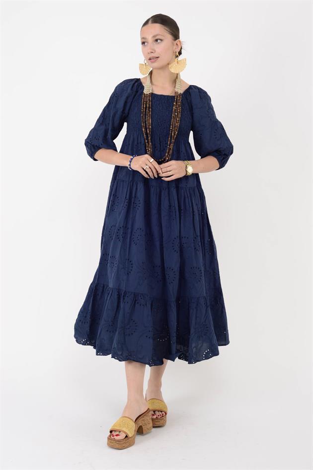 11065 LOVA MADONNA YAKA FİSTO DETAYLI GİPELİ ELBİSE