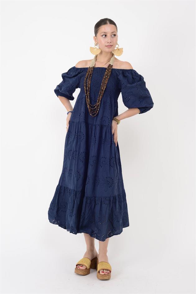 11065 LOVA MADONNA YAKA FİSTO DETAYLI GİPELİ ELBİSE