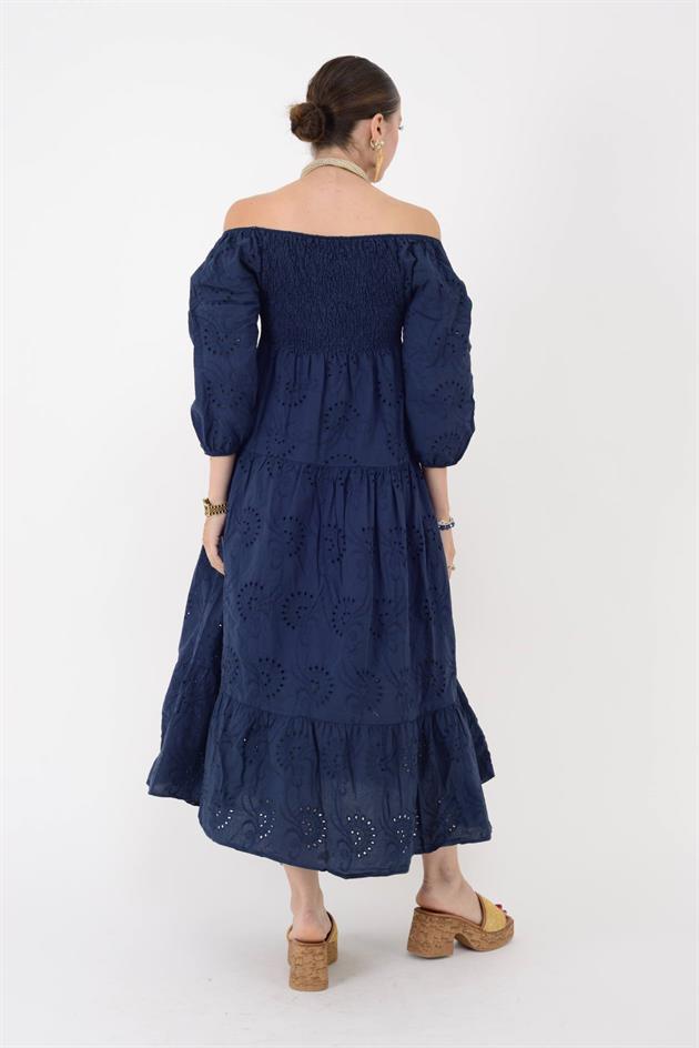 11065 LOVA MADONNA YAKA FİSTO DETAYLI GİPELİ ELBİSE