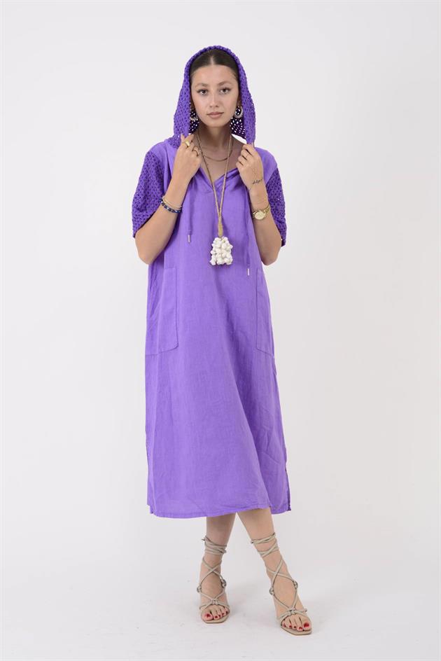 11201 LOVA AJURLU KAPÜŞON DETAYLI KETEN ELBİSE