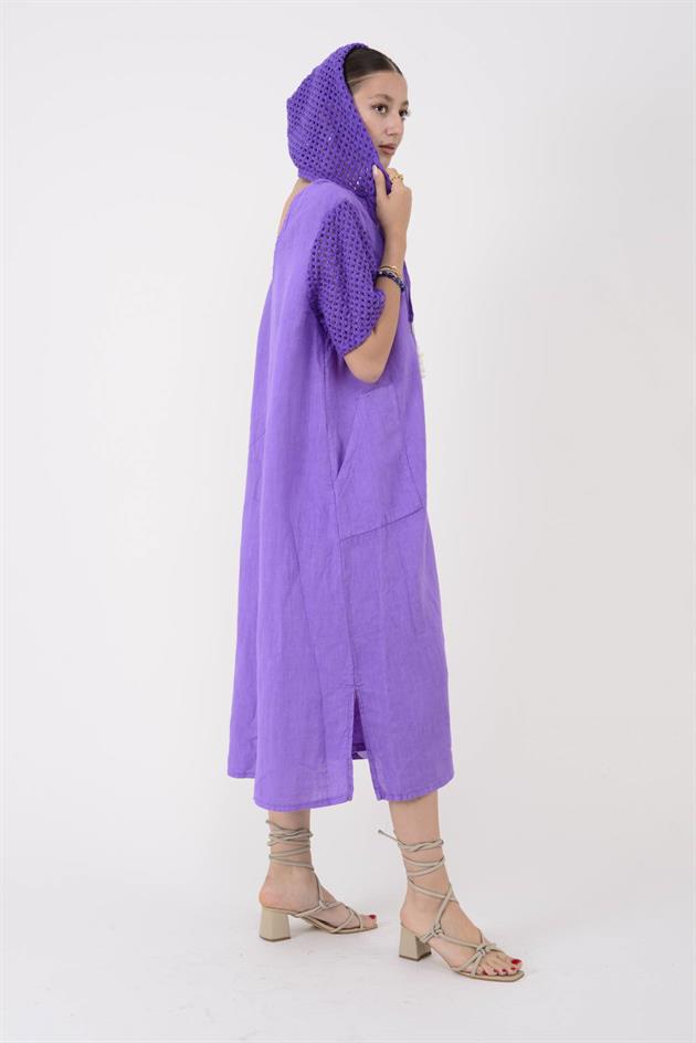 11201 LOVA AJURLU KAPÜŞON DETAYLI KETEN ELBİSE