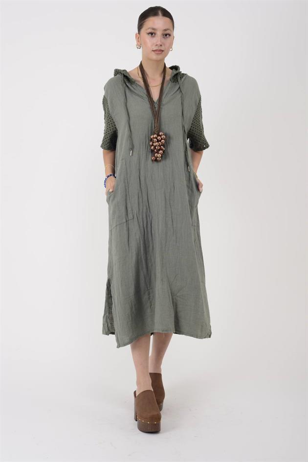 11201 LOVA AJURLU KAPÜŞON DETAYLI KETEN ELBİSE