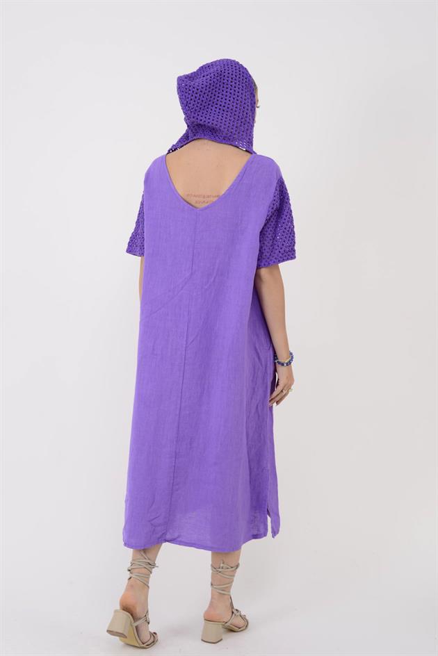 11201 LOVA AJURLU KAPÜŞON DETAYLI KETEN ELBİSE