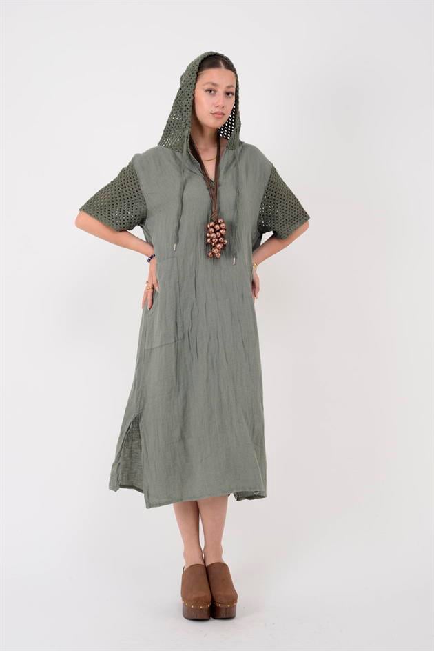 11201 LOVA AJURLU KAPÜŞON DETAYLI KETEN ELBİSE