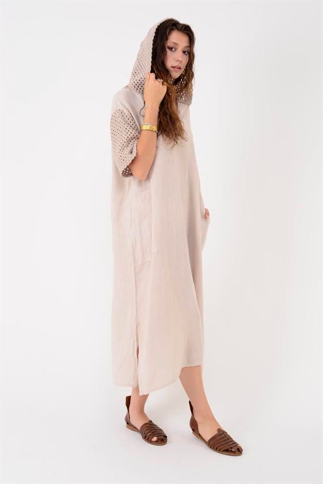 11201 LOVA AJURLU KAPÜŞON DETAYLI KETEN ELBİSE