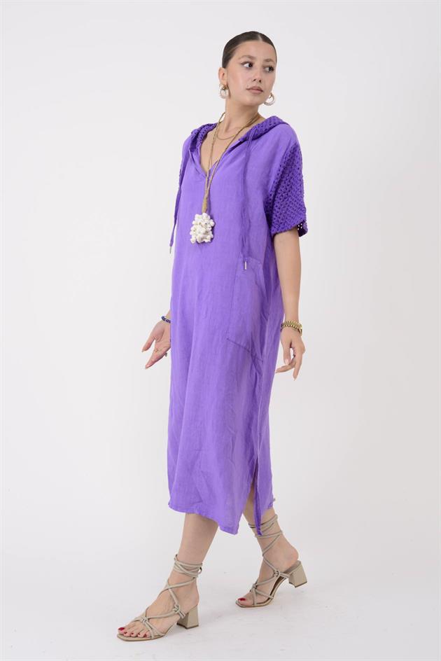 11201 LOVA AJURLU KAPÜŞON DETAYLI KETEN ELBİSE