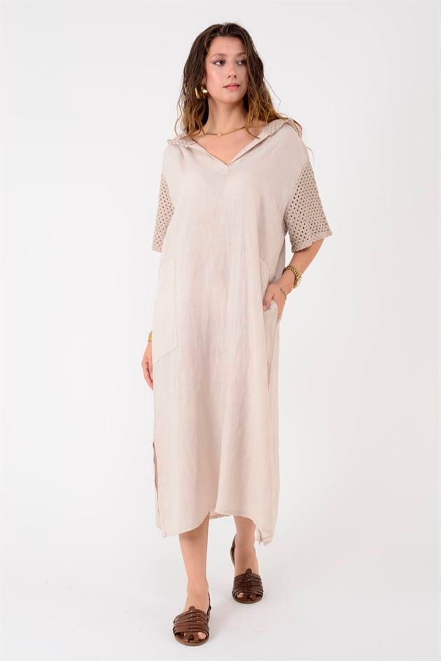 11201 LOVA AJURLU KAPÜŞON DETAYLI KETEN ELBİSE