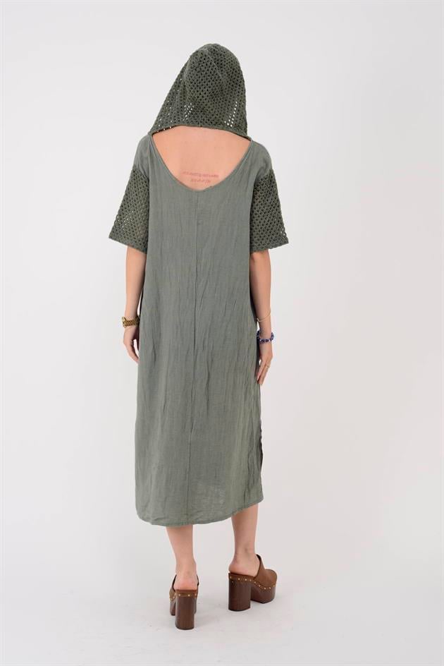 11201 LOVA AJURLU KAPÜŞON DETAYLI KETEN ELBİSE