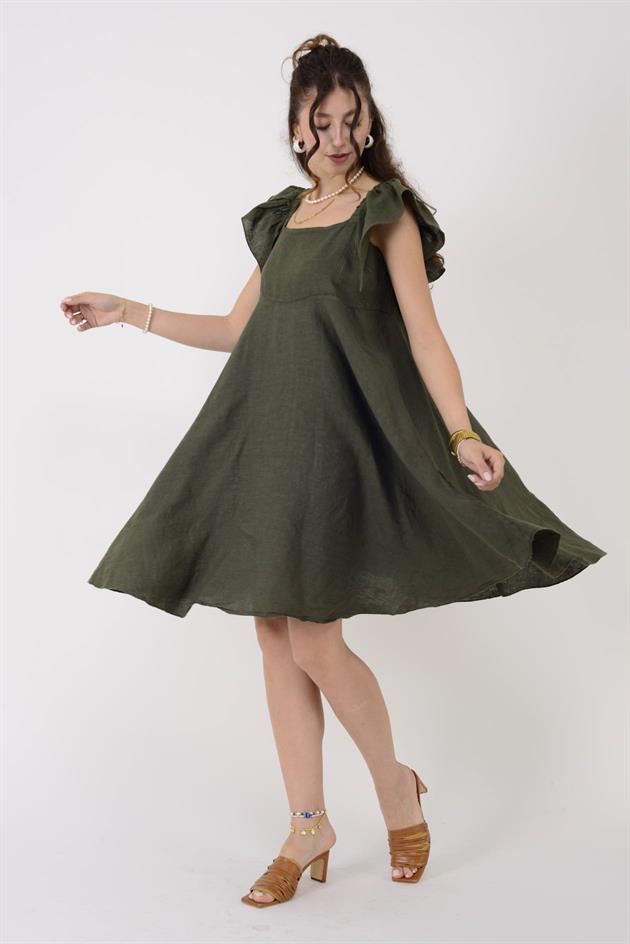 11228 MADONNA YAKA KLOŞ KISA KETEN ELBİSE