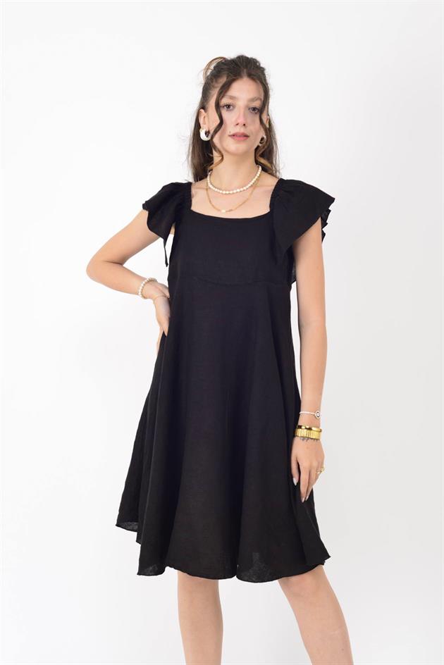 11228 MADONNA YAKA KLOŞ KISA KETEN ELBİSE