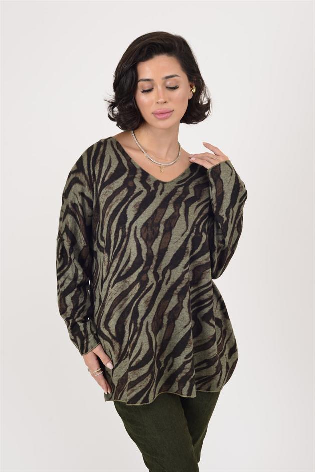 1128 ÇİZGİ DESEN V YAKA BLUZ