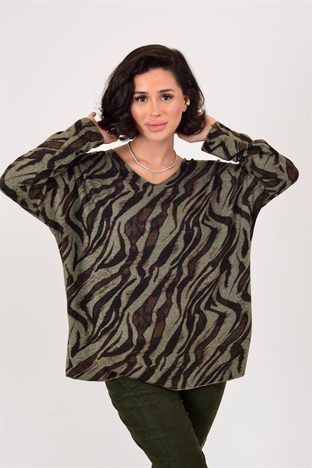 1128 ÇİZGİ DESEN V YAKA BLUZ