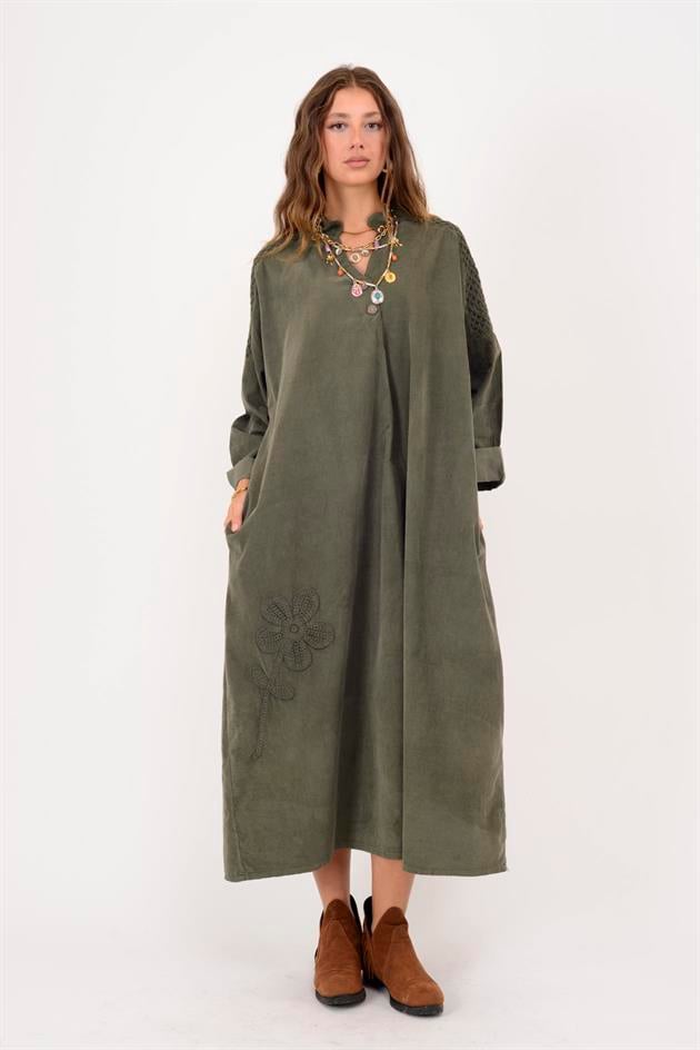 11383 LOVA ÇİÇEK KABARTMALI FİSTO DETAYLI FİTİLLİ ELBİSE