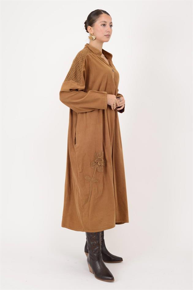 11383 LOVA ÇİÇEK KABARTMALI FİSTO DETAYLI FİTİLLİ KADİFE ELBİSE