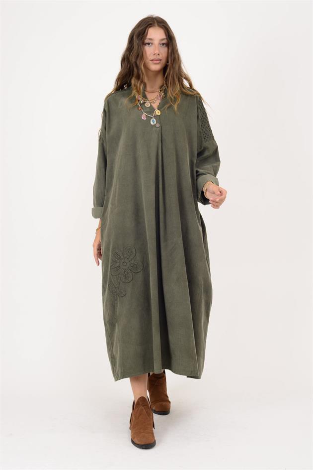 11383 LOVA ÇİÇEK KABARTMALI FİSTO DETAYLI FİTİLLİ ELBİSE