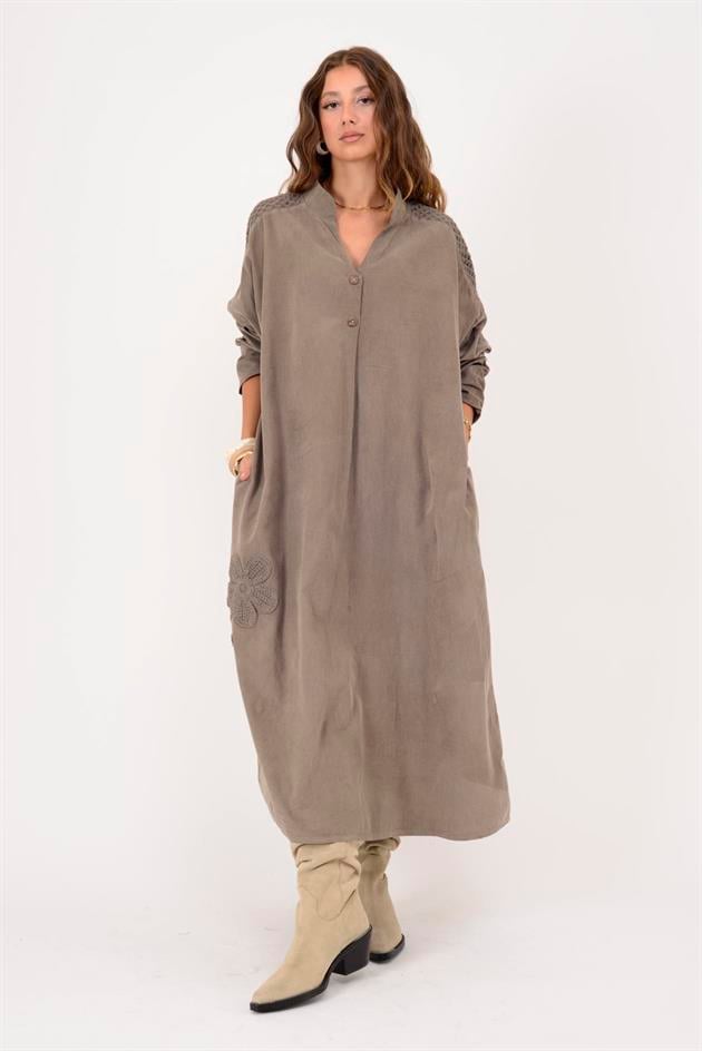 11383 LOVA ÇİÇEK KABARTMALI FİSTO DETAYLI FİTİLLİ ELBİSE