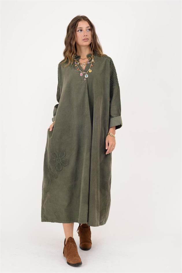 11383 LOVA ÇİÇEK KABARTMALI FİSTO DETAYLI FİTİLLİ ELBİSE