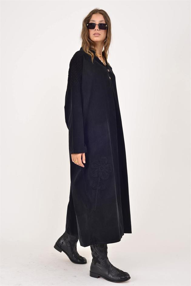 11383 LOVA ÇİÇEK KABARTMALI FİSTO DETAYLI FİTİLLİ ELBİSE