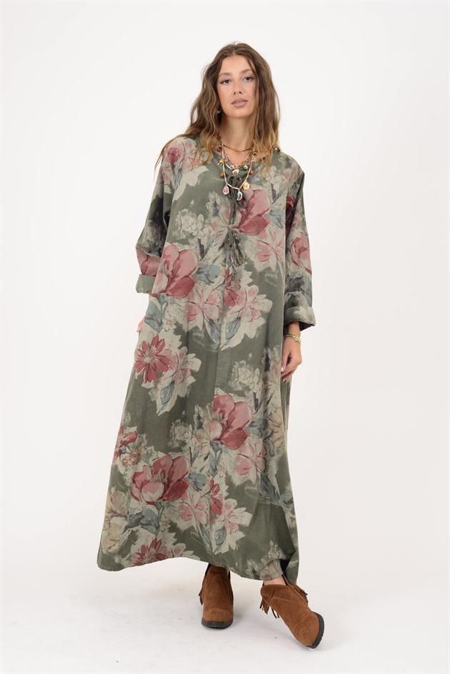 11411 LOVA ÇİÇEK DESEN DÜĞME DETAYLI FİTİLLİ ELBİSE