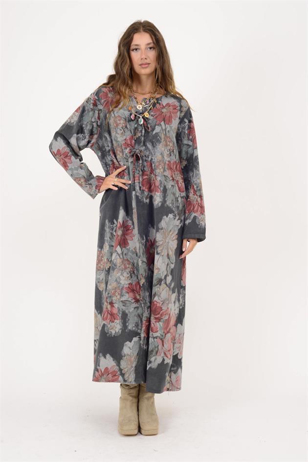 11411 LOVA ÇİÇEK DESEN DÜĞME DETAYLI FİTİLLİ ELBİSE