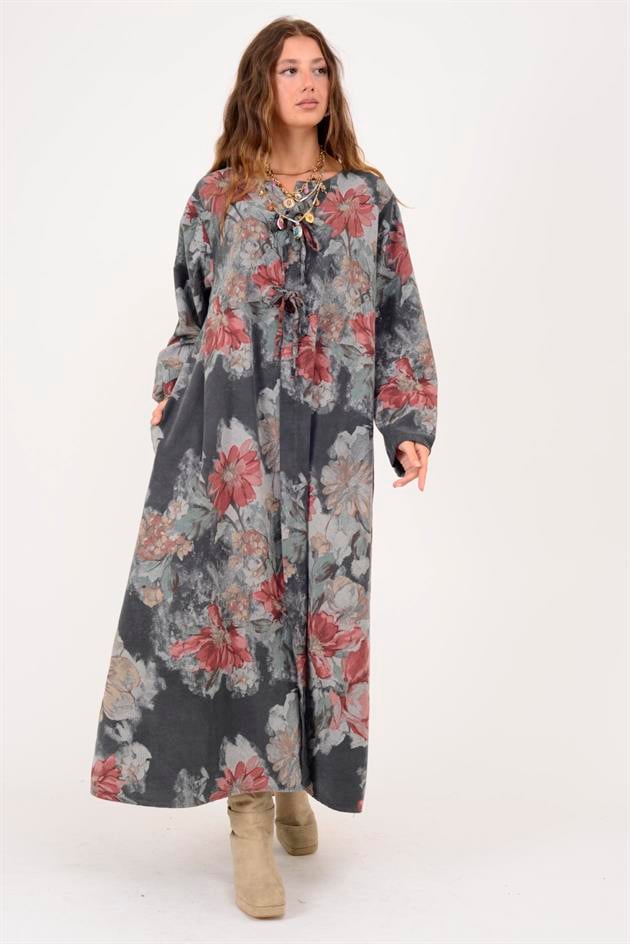 11411 LOVA ÇİÇEK DESEN DÜĞME DETAYLI FİTİLLİ ELBİSE