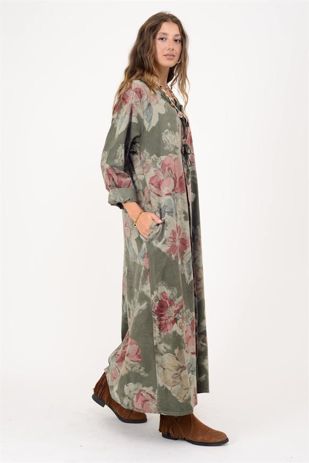 11411 LOVA ÇİÇEK DESEN DÜĞME DETAYLI FİTİLLİ ELBİSE