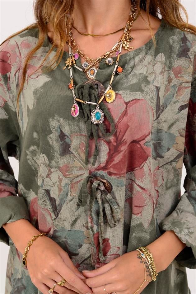 11411 LOVA ÇİÇEK DESEN DÜĞME DETAYLI FİTİLLİ ELBİSE