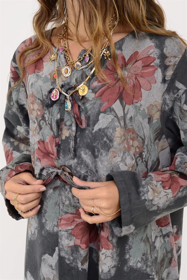 11411 LOVA ÇİÇEK DESEN DÜĞME DETAYLI FİTİLLİ ELBİSE