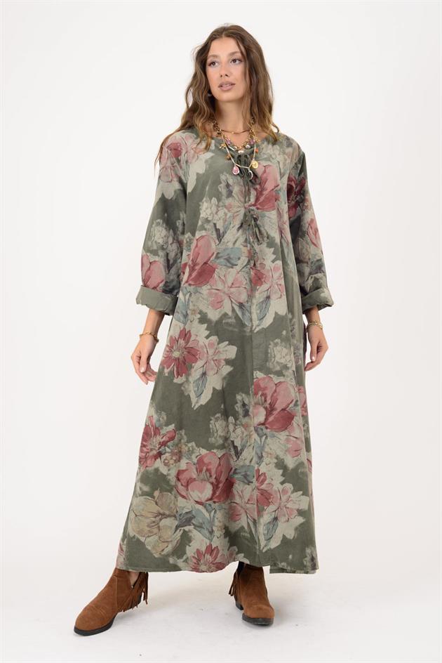 11411 LOVA ÇİÇEK DESEN DÜĞME DETAYLI FİTİLLİ ELBİSE