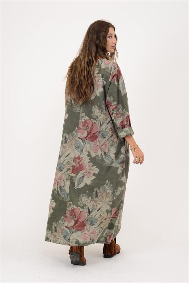 11411 LOVA ÇİÇEK DESEN DÜĞME DETAYLI FİTİLLİ ELBİSE