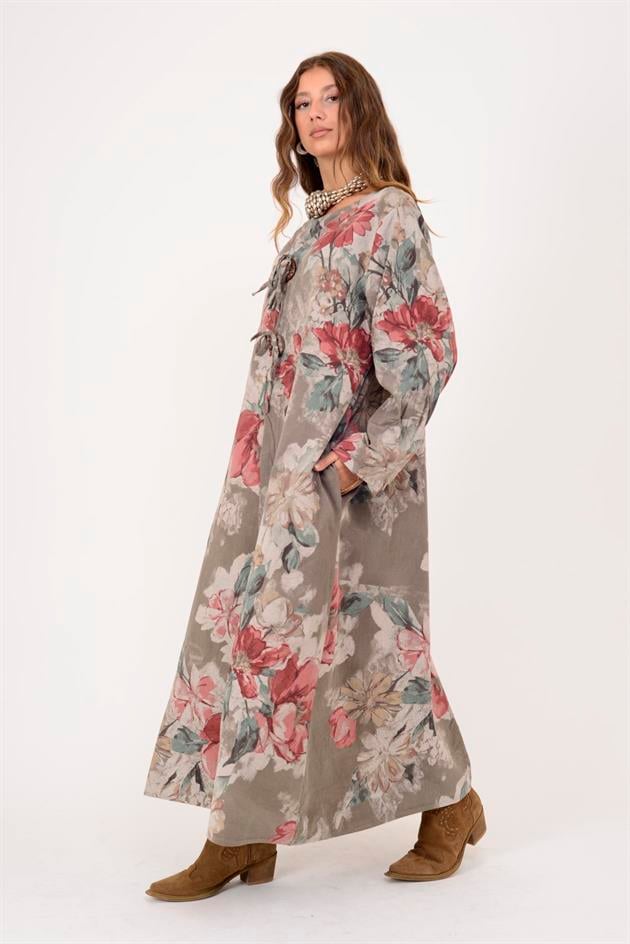 11411 LOVA ÇİÇEK DESEN DÜĞME DETAYLI FİTİLLİ ELBİSE